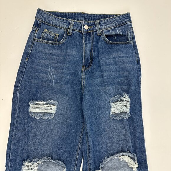 Shein Distressed Relaxed Straight Women's size 4 Dark Wash Blue Denim Jeans - Picture 2 of 5